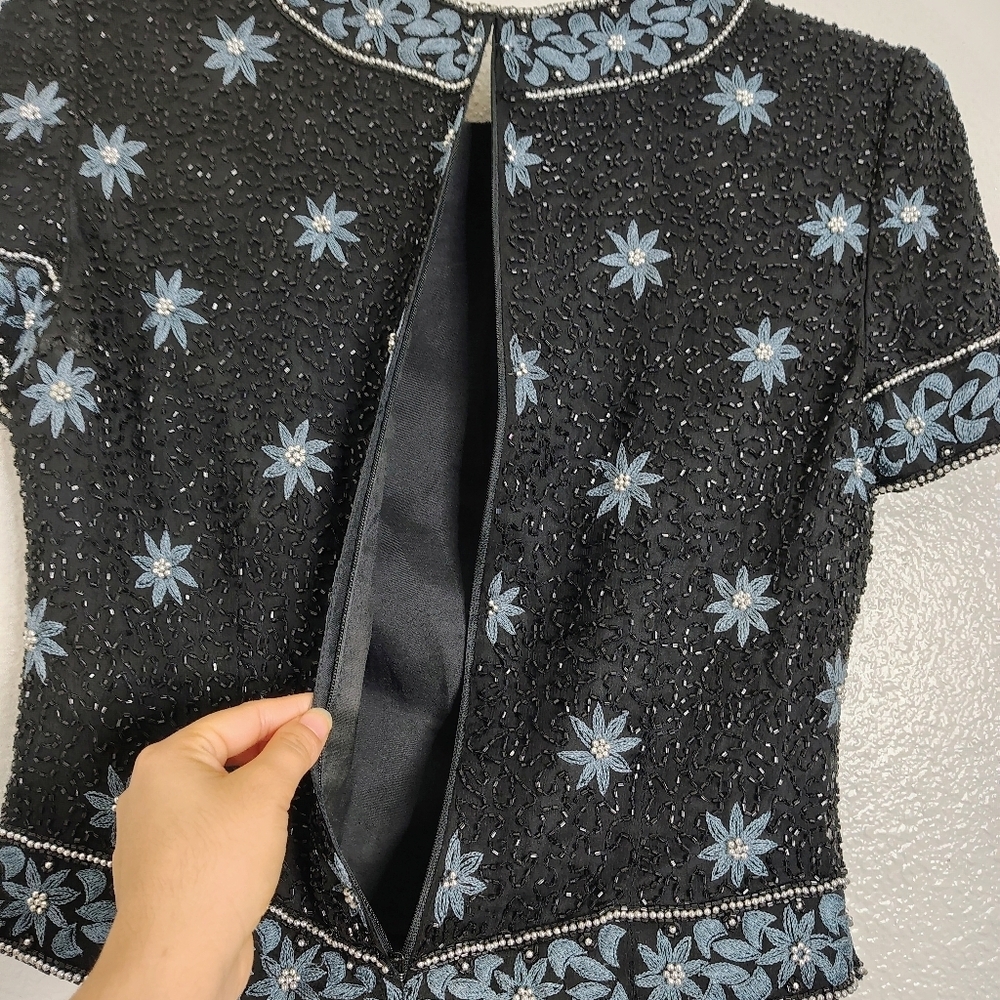 Vintage Papell Boutique Evening Top Womens Small Black Blue Floral Silk Beaded - Picture 11 of 14